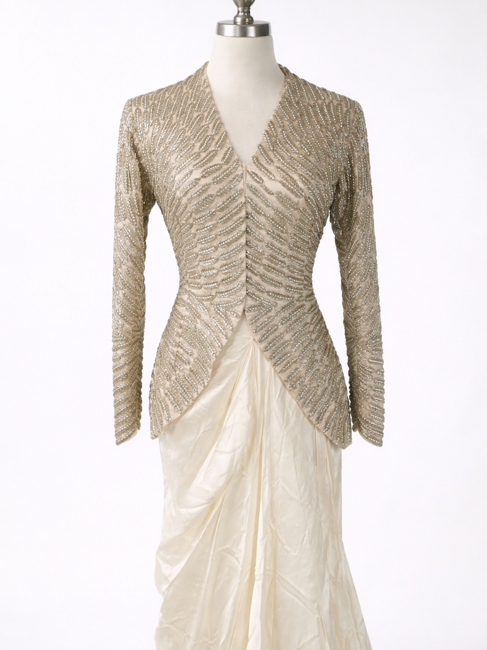 Elegant Couture Gold Beaded Jacket & Ivory Silk Skirt Set (Small)